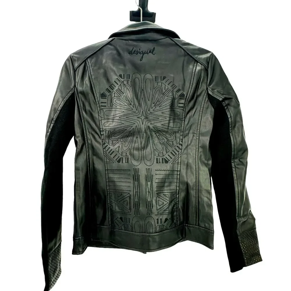 Desigual Chaq Emine Rep Vegan Leather Moto Biker Jacket Black Size 38/ US 4 NWT
